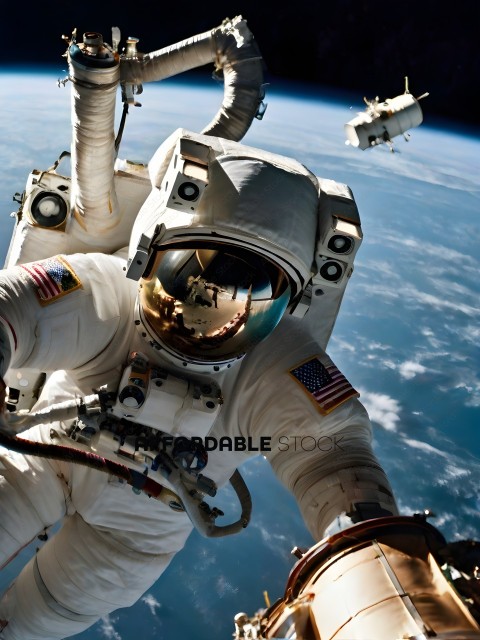 Astronaut in a white suit with an American flag patch on the sleeve