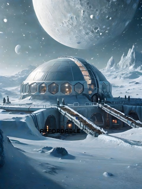A futuristic building with a dome and stairs in the snow