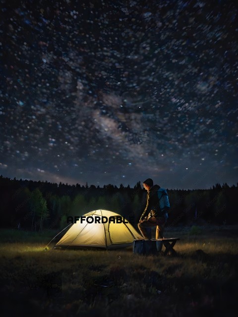 A man and a woman are sitting in a field at night under a starry sky