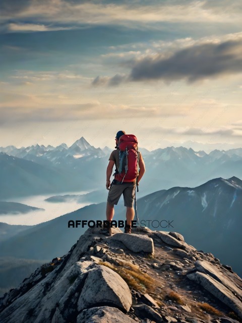 Hiker on top of mountain with backpack
