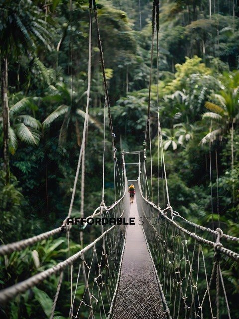 A person is walking on a rope bridge