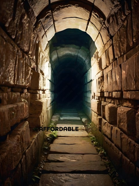 A dark tunnel with a brick floor