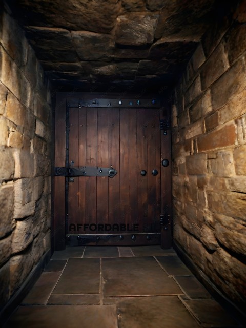 A dark, stone-walled room with a large wooden door