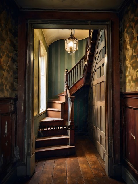 A Staircase in a House with a Light Fixture