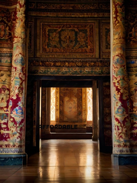 A long hallway with a large, ornate doorway