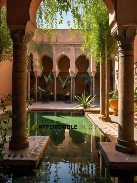 A pool in a courtyard with a garden and arches
