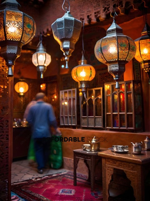 A man and a woman walk through a room with hanging lamps