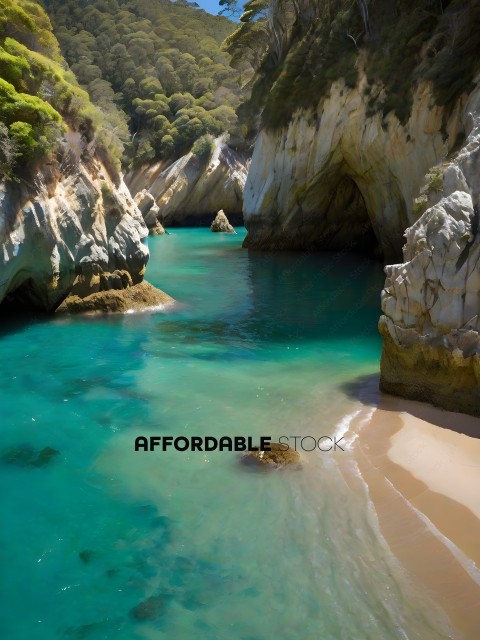 A beautiful beach with a cave and a rock