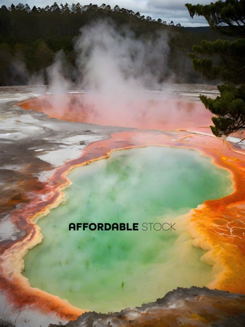 A hot spring with a mix of green and orange water