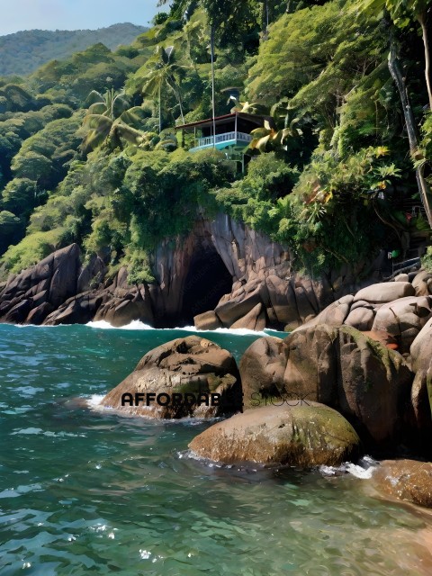 A rocky coastline with a cave and a beach