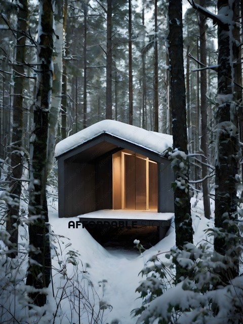 A small wooden structure in the woods covered in snow