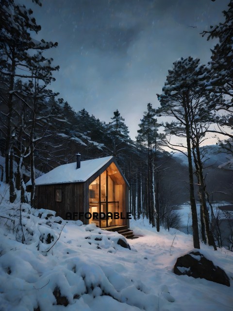A small wooden cabin in the woods with snow on the ground