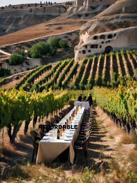 A group of people are sitting at a table in a vineyard