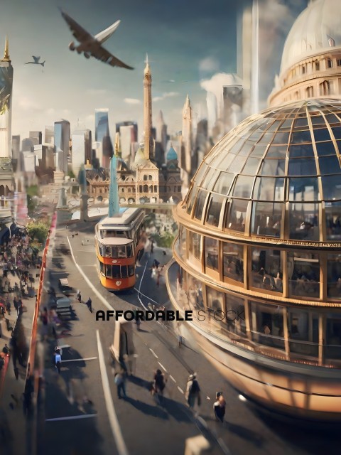 A city scene with a yellow and red bus and a large dome