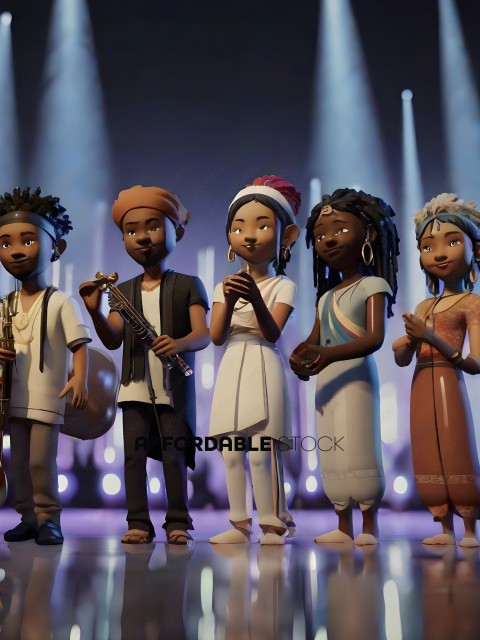 A group of animated people with musical instruments