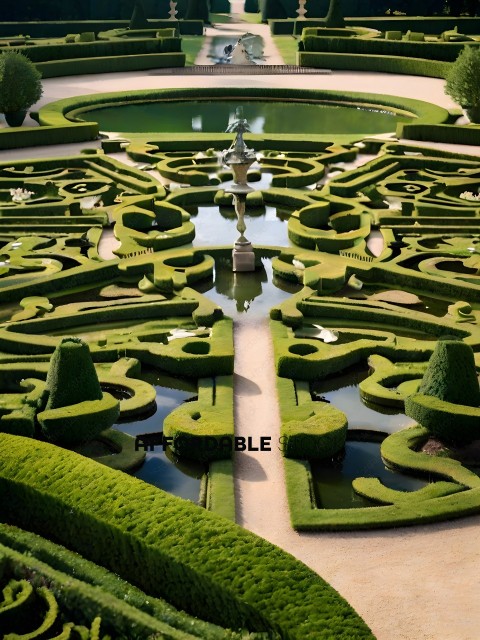 A large garden with a maze of hedges