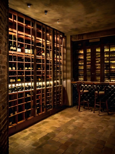 A wine cellar with a bar and stools