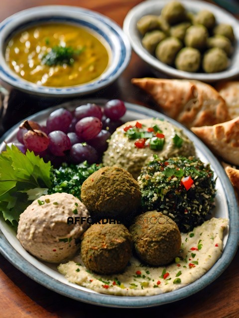A variety of foods including hummus, pita bread, and grapes