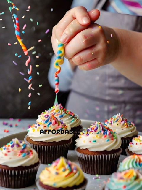 A person decorating cupcakes with sprinkles
