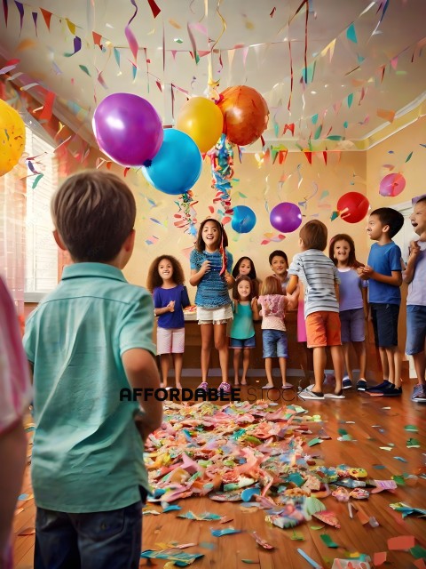 A group of children are celebrating a birthday with confetti and balloons