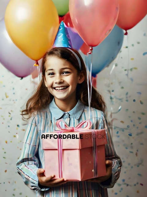 Girl with balloons and a present
