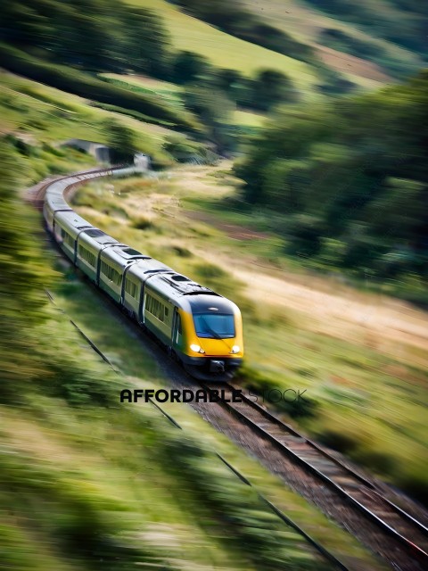 A yellow and silver train on a track
