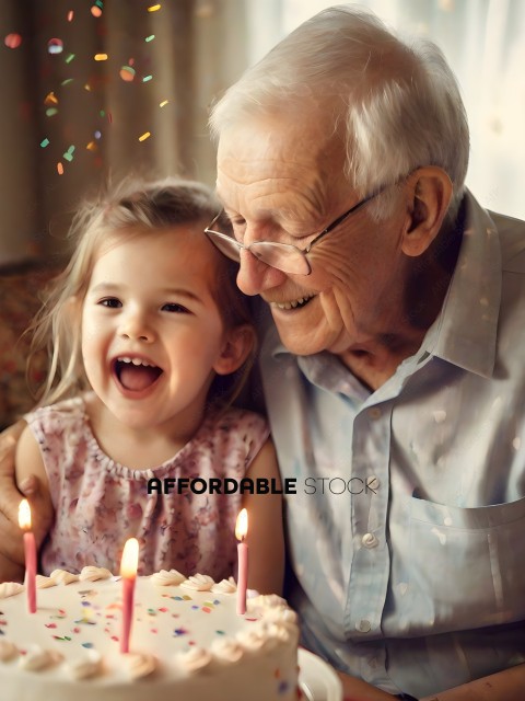 Older man and young girl celebrating birthday with cake and candles