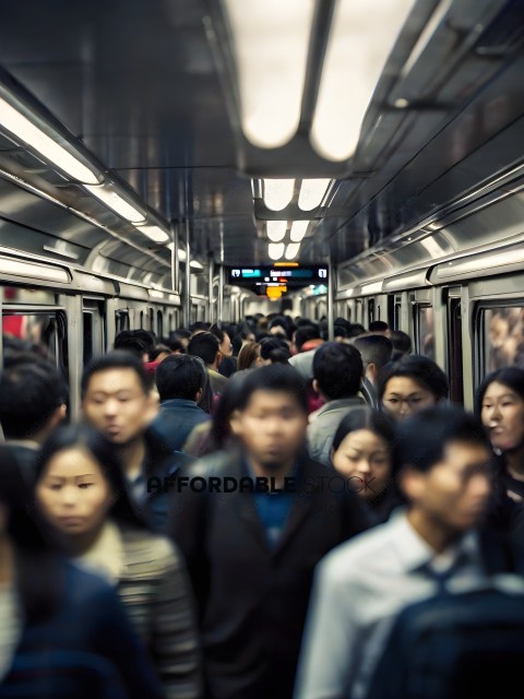 Crowded subway car with people standing and sitting