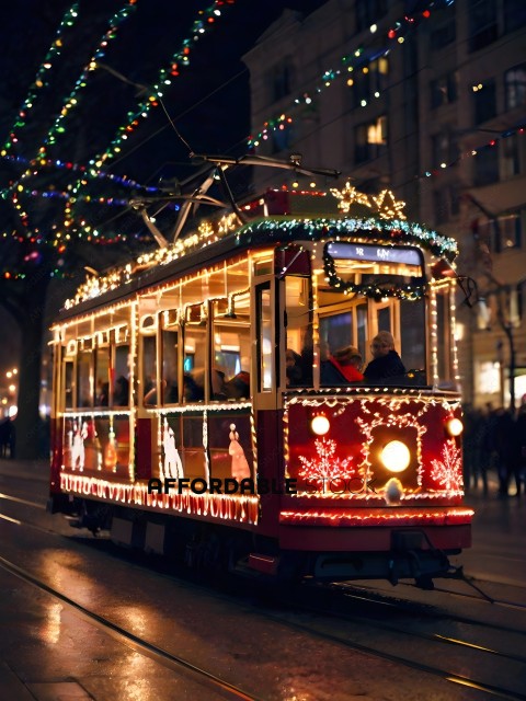 A Christmas-themed trolley car with a red and gold color scheme