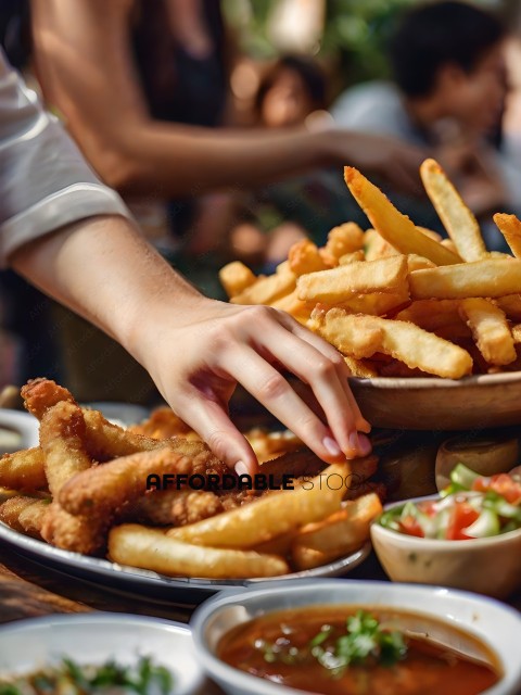 A person's hand reaches for a plate of french fries