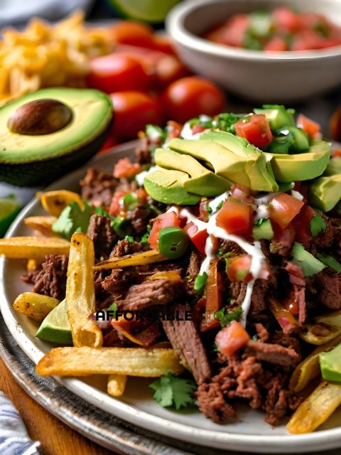 A plate of food with meat, tomatoes, and avocado