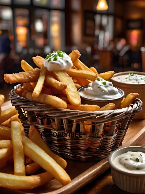 A basket of french fries with dipping sauce