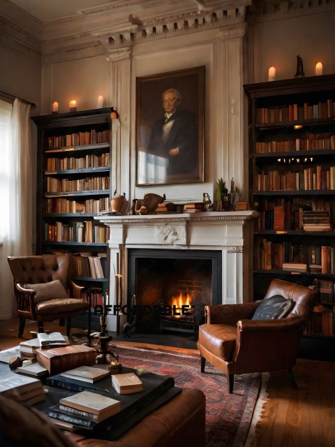 A cozy library with a fireplace and bookshelves