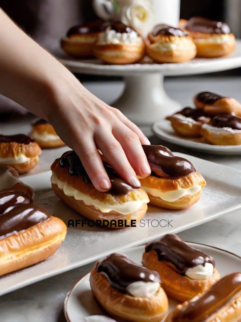 A person is picking up a chocolate covered donut