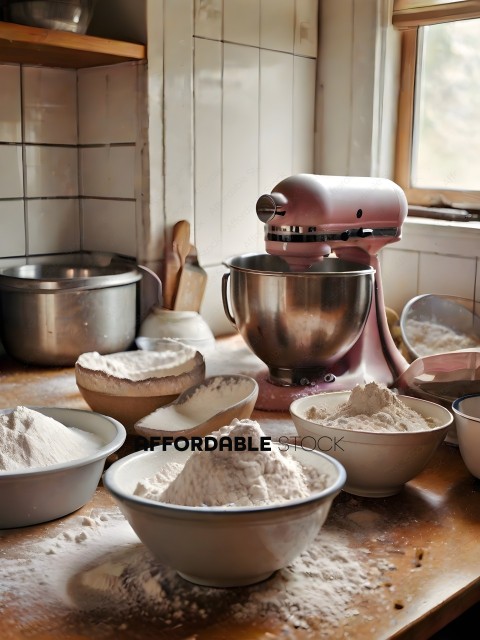 A Pink Mixer Sits on a Counter with Flour