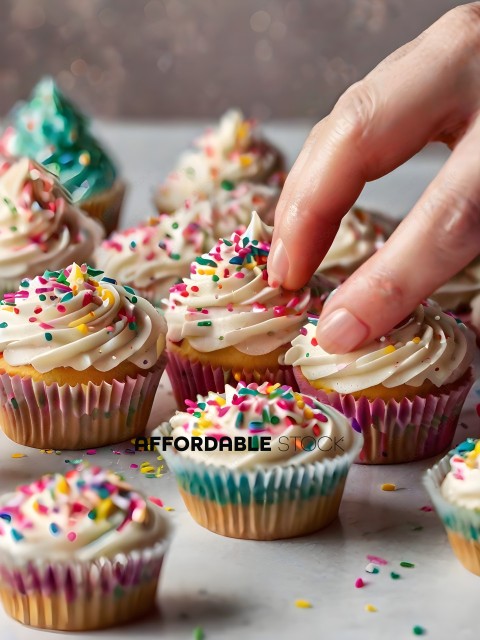 A person is picking up a cupcake with their thumb