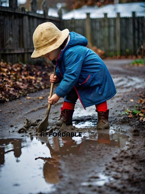 A child in a blue jacket and red boots is playing in the mud
