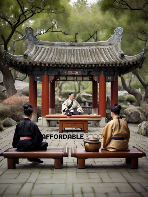 Three Asian men sitting in a garden setting