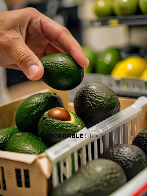 A person is picking up a green avocado from a bin