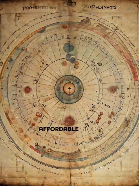 An ancient astrological chart with a central circle and various symbols