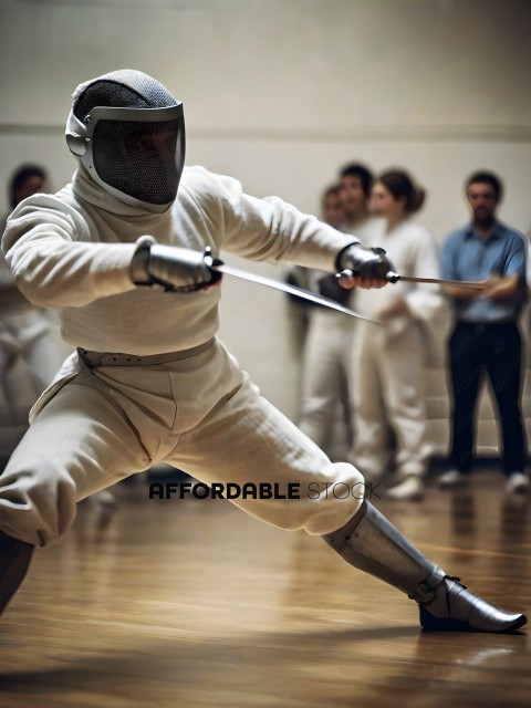 A Fencing Match with a Man in White and a Man in Blue