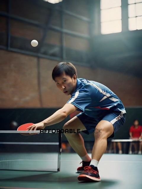 Man in a blue shirt playing ping pong