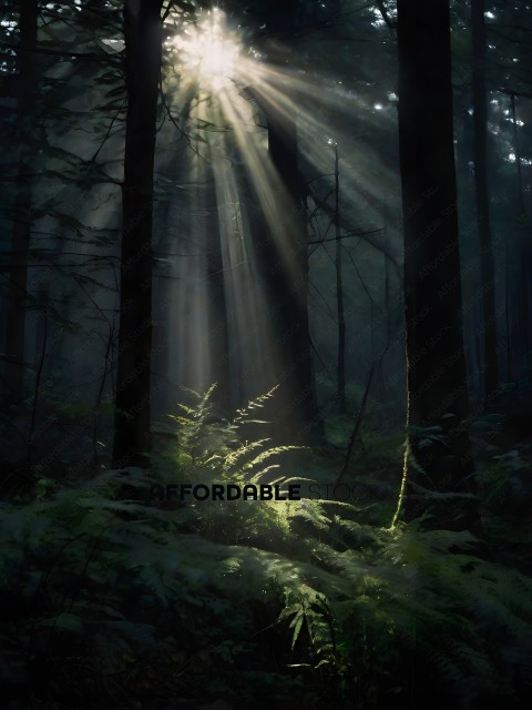 A forest with a sunbeam shining through the trees