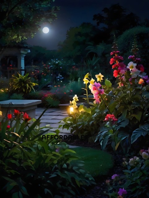 A garden at night with flowers lit up