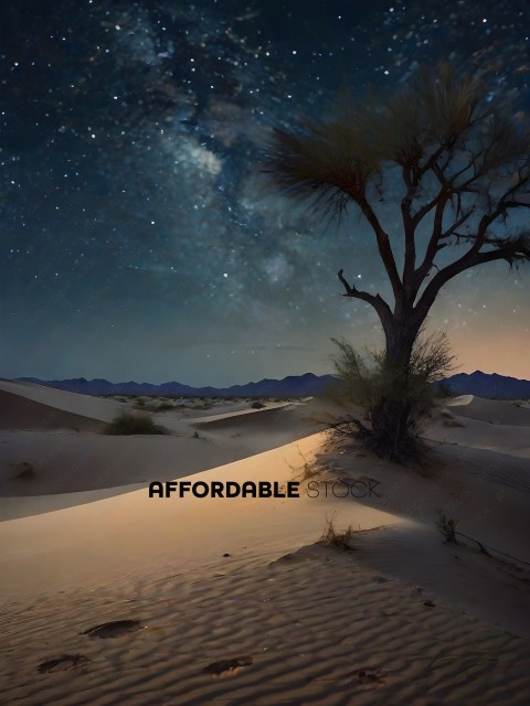 A tree in the desert at night with stars