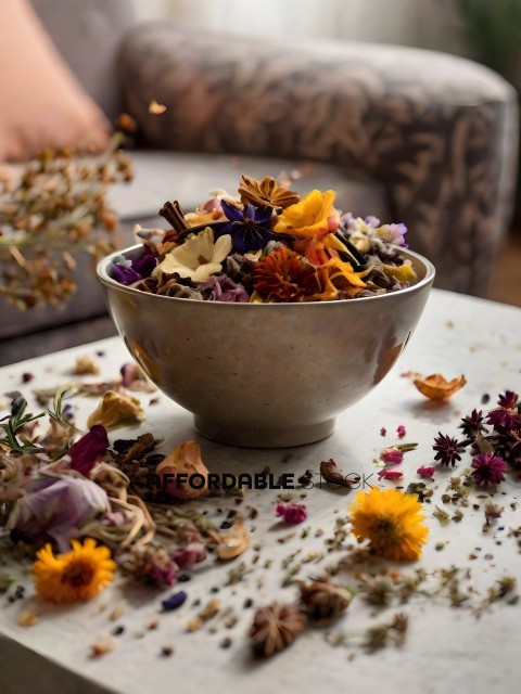 A bowl of dried flowers and herbs