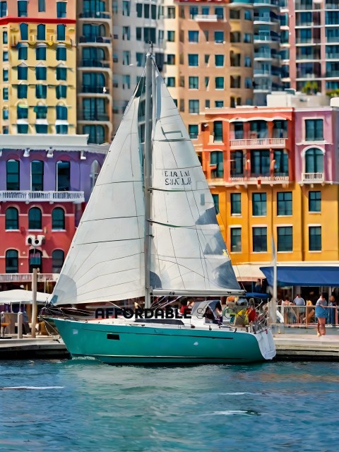 A sailboat with a white sail in a harbor with a colorful city in the background