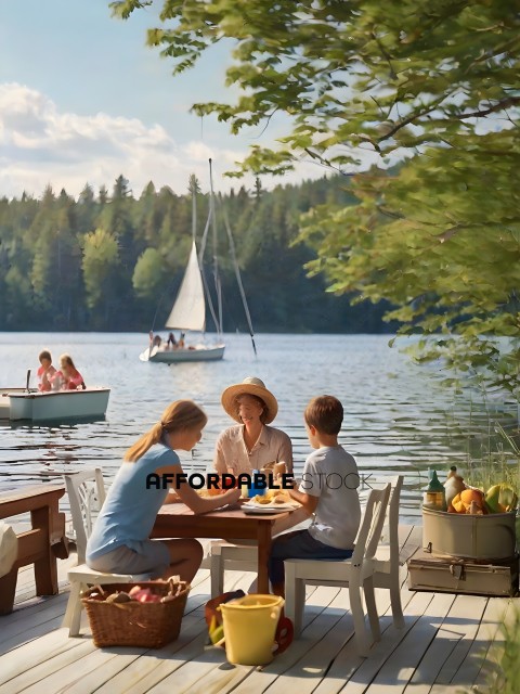 A family of four enjoys a meal on a dock