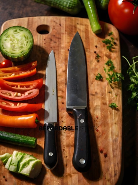 Knife and Vegetables on Cutting Board