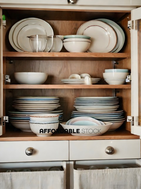 A wooden cabinet with stacks of plates and bowls